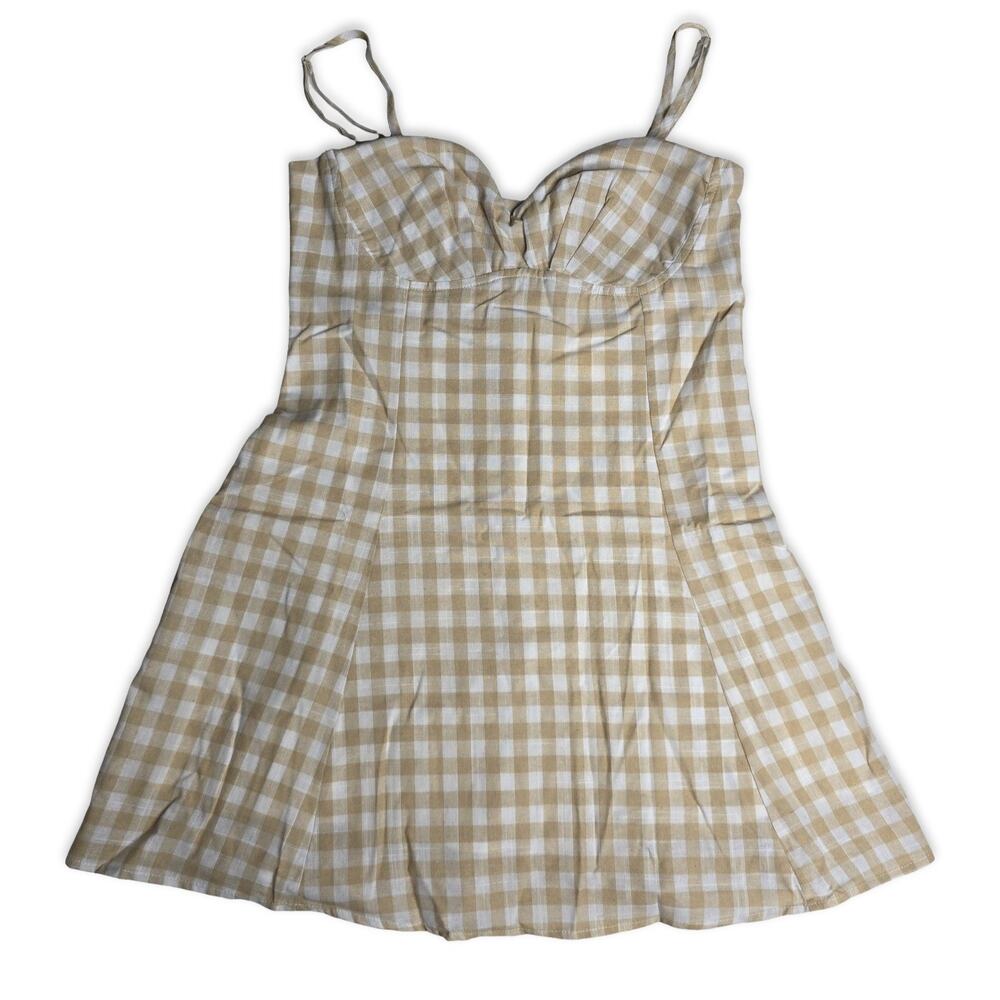 Promesa Gingham Mini Dress L Tan White Plaid Bustier Fit Flare Cottagecore NWT - Picture 13 of 15